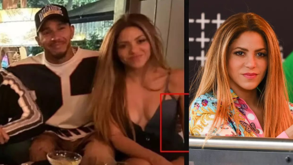 Shakira posa con Lewis Hamilton y la toma por la cintura